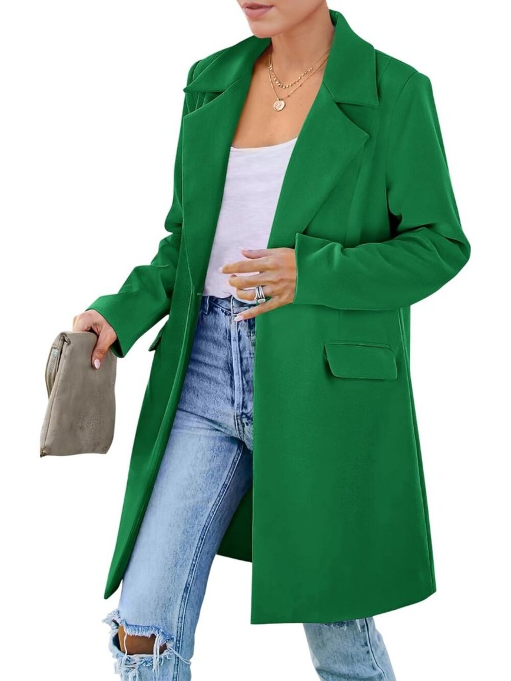 Women's Dark Green Mid-Length Padded Shoulder Loose Fit Fall Blazer Trench Coat